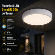 Plafoniera LED Dimabila 20W 2000lm 28cm 5-CCT IP54 cu Senzor