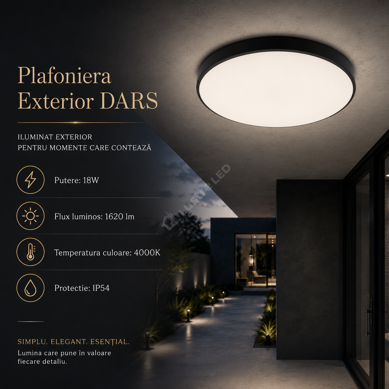Plafoniera LED Exterior DARS Black 18W 4000K 25CM Echivalent 100W