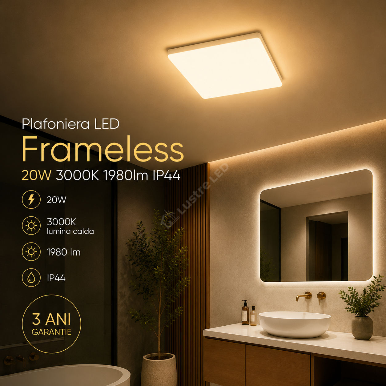 Plafoniera LED Frameless Patrat 20W, 1980lm, 3000K IP44 26cm