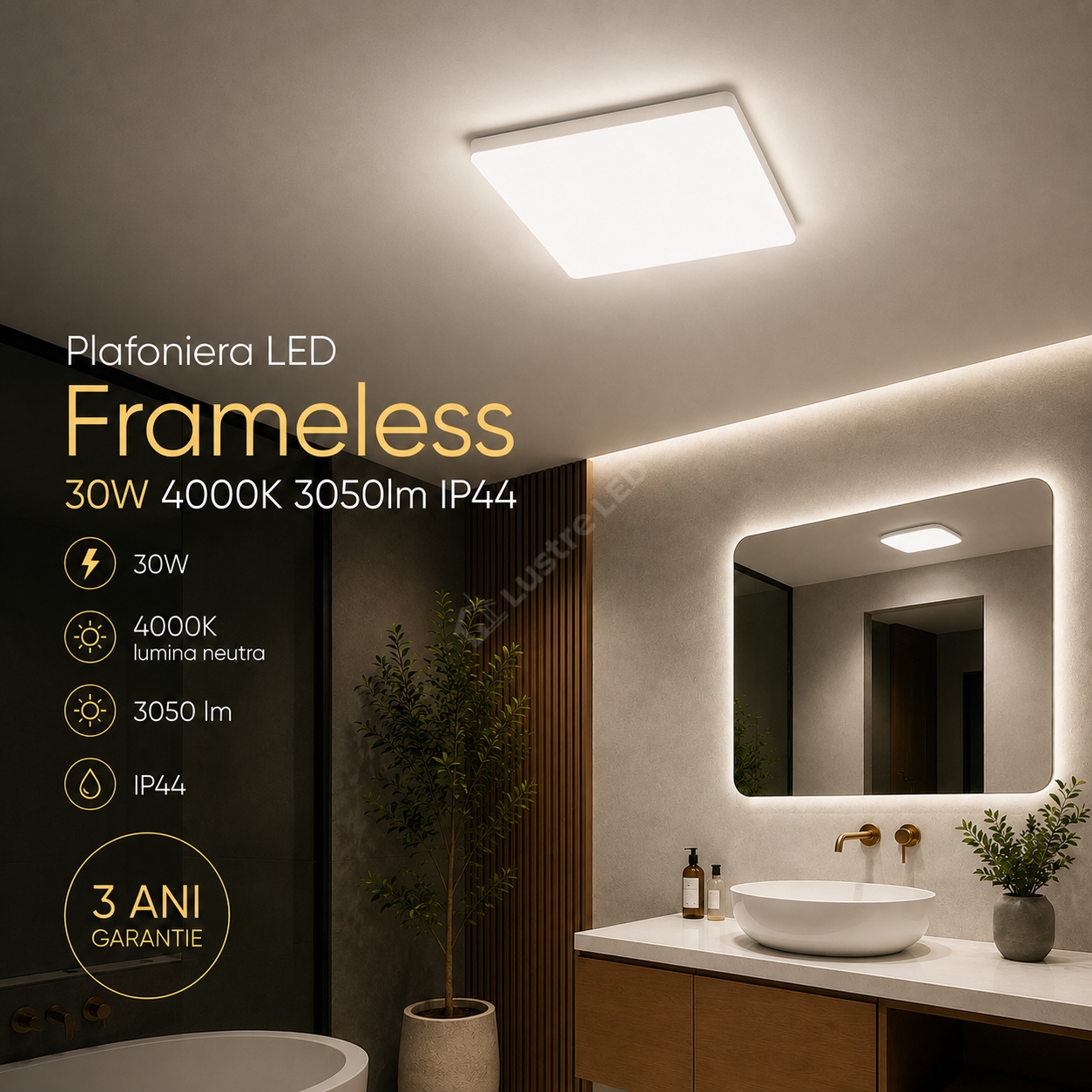 Plafoniera LED Frameless Patrat 20W, 1980lm, 4000K IP44 26cm