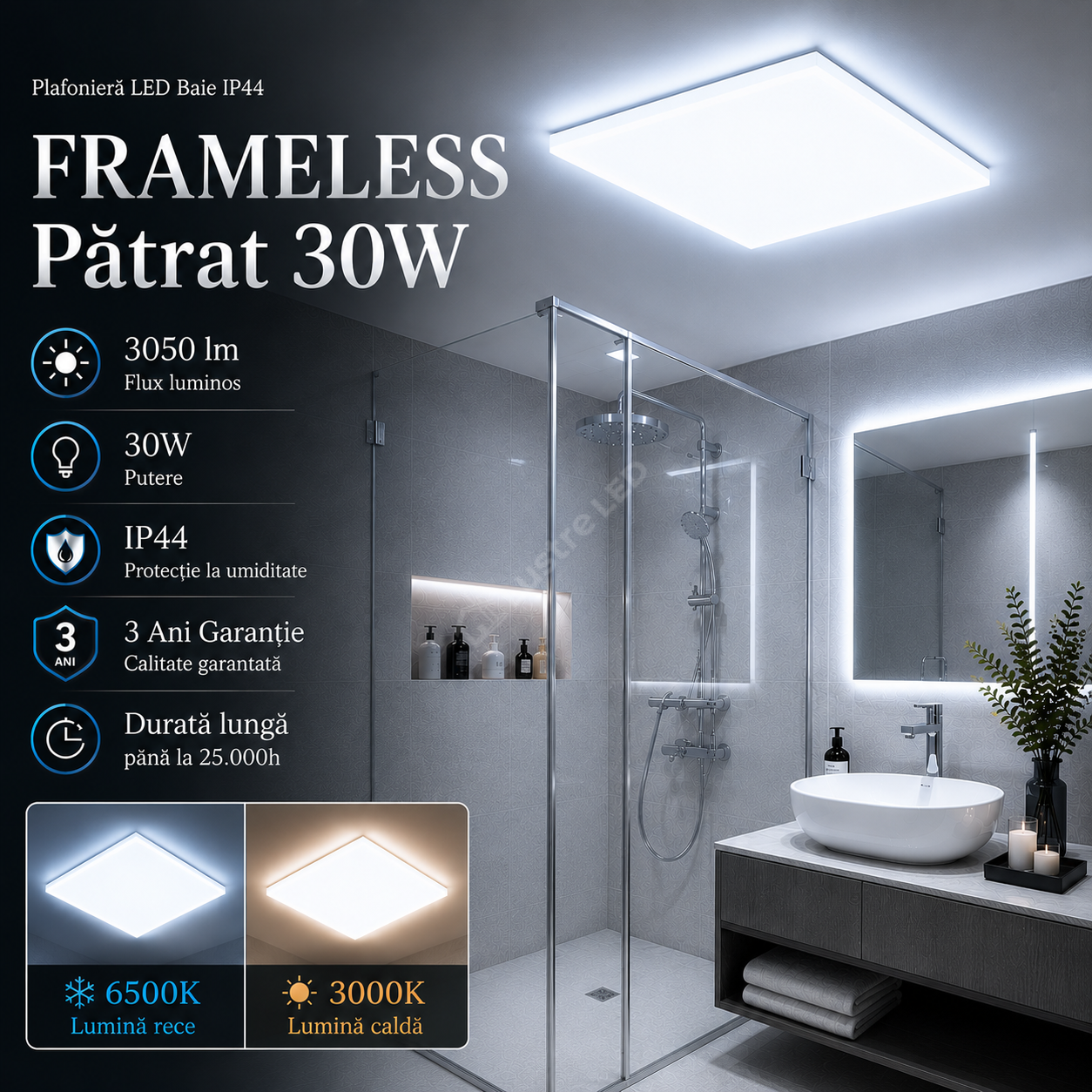 Plafoniera LED Frameless Patrat 30W, 3050lm, IP44 33cm