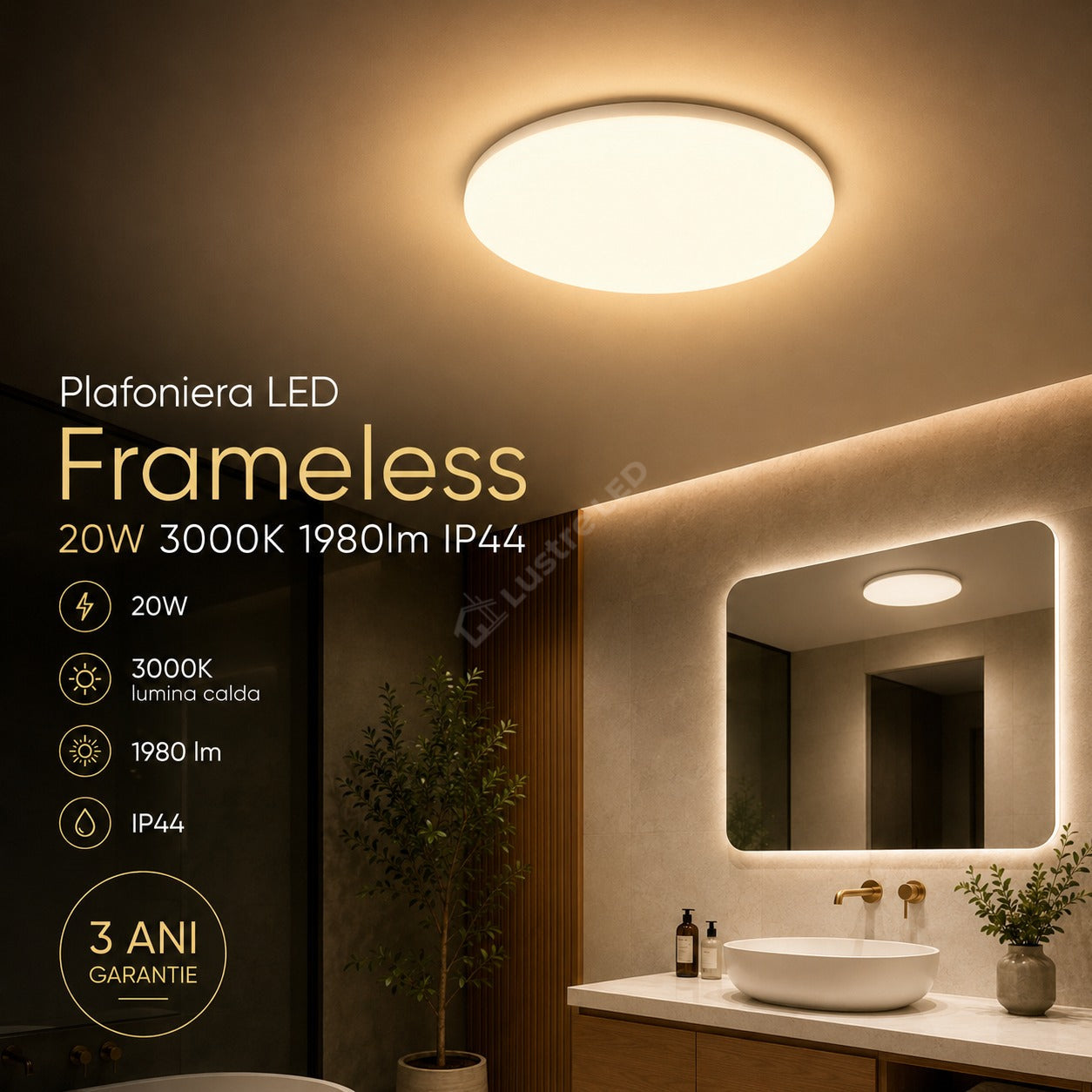 Plafoniera LED Frameless Rotund 20W, 1980lm, 3000K IP44 26cm