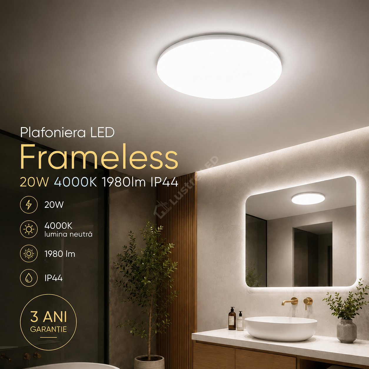 Plafoniera LED Frameless Rotund 20W, 1980lm, 4000K IP44 26cm