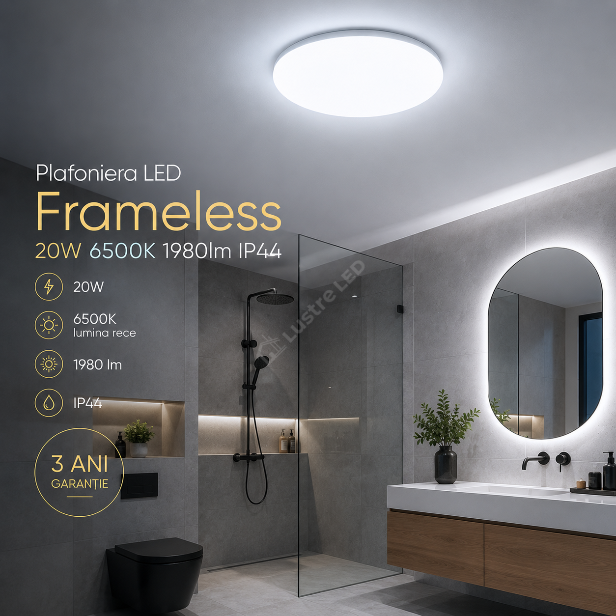 Plafoniera LED Frameless Rotund 20W, 1980lm, 6500K IP44 26cm