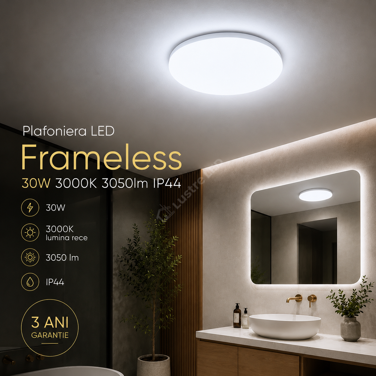 Plafoniera LED Frameless Rotund 30W, 3050lm, 6500K IP44 33cm
