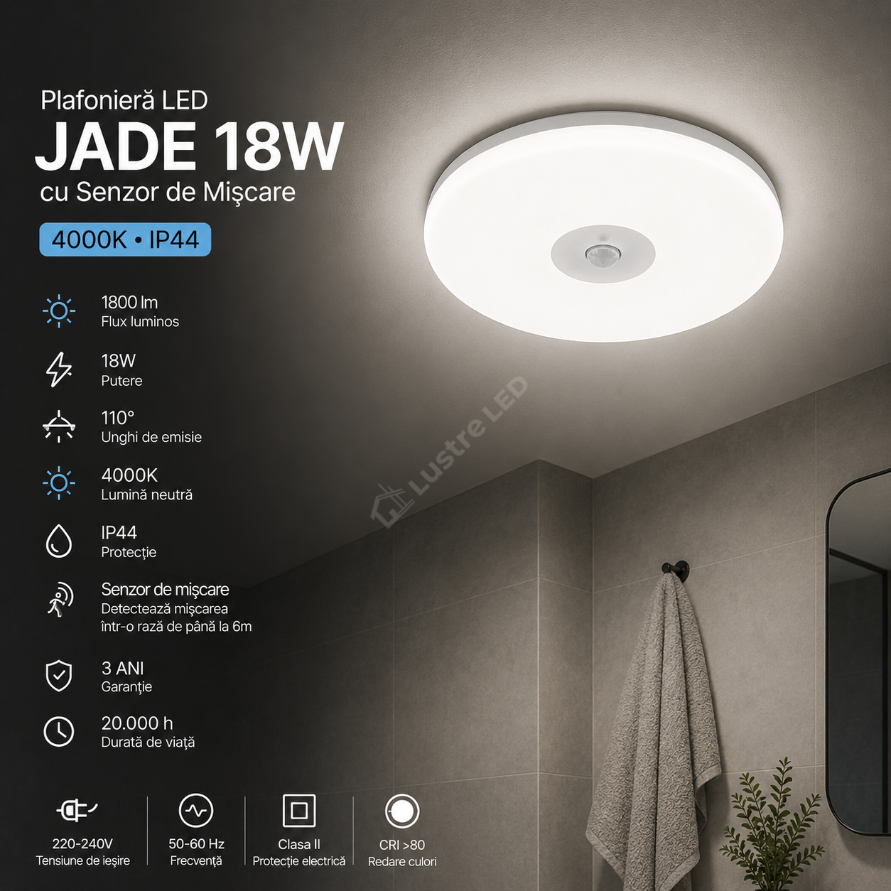 Plafoniera LED JADE 18W Senzor Miscare 4000K IP44 Echivalent 180W