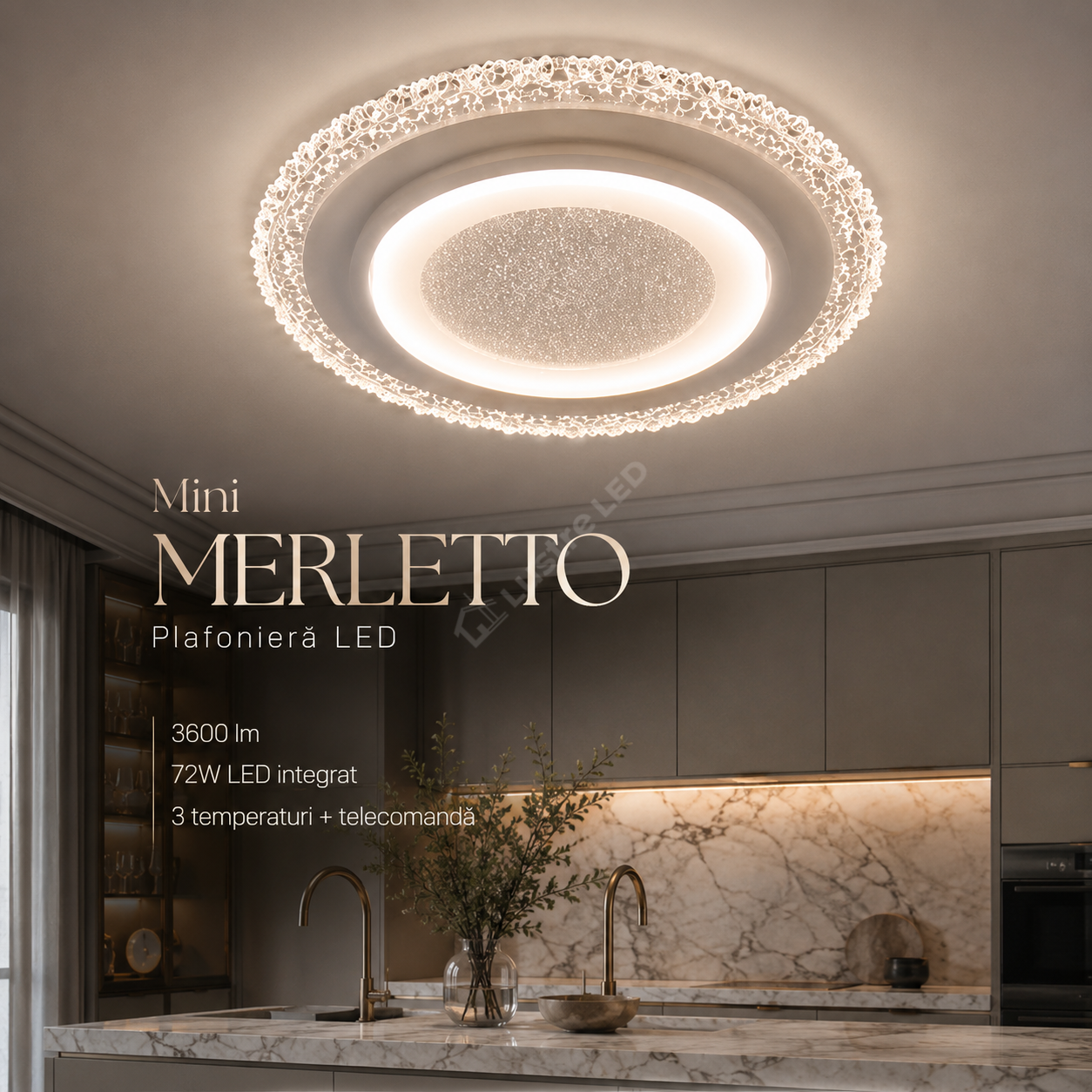 Plafoniera LED Mini MERLETTO White 30CM Echivalent 360W Telecomanda
