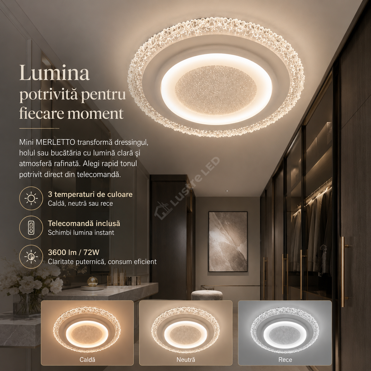 Plafoniera LED Mini MERLETTO White 30CM Echivalent 360W Telecomanda