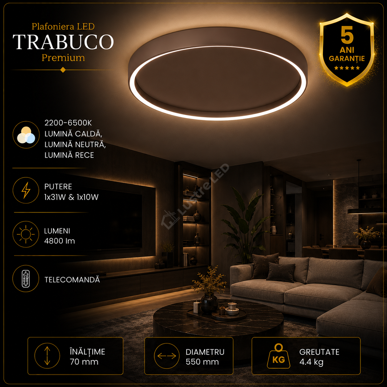 Plafoniera LED Premium Trabuco Black & Brown Echivalent 350W Telecomanda
