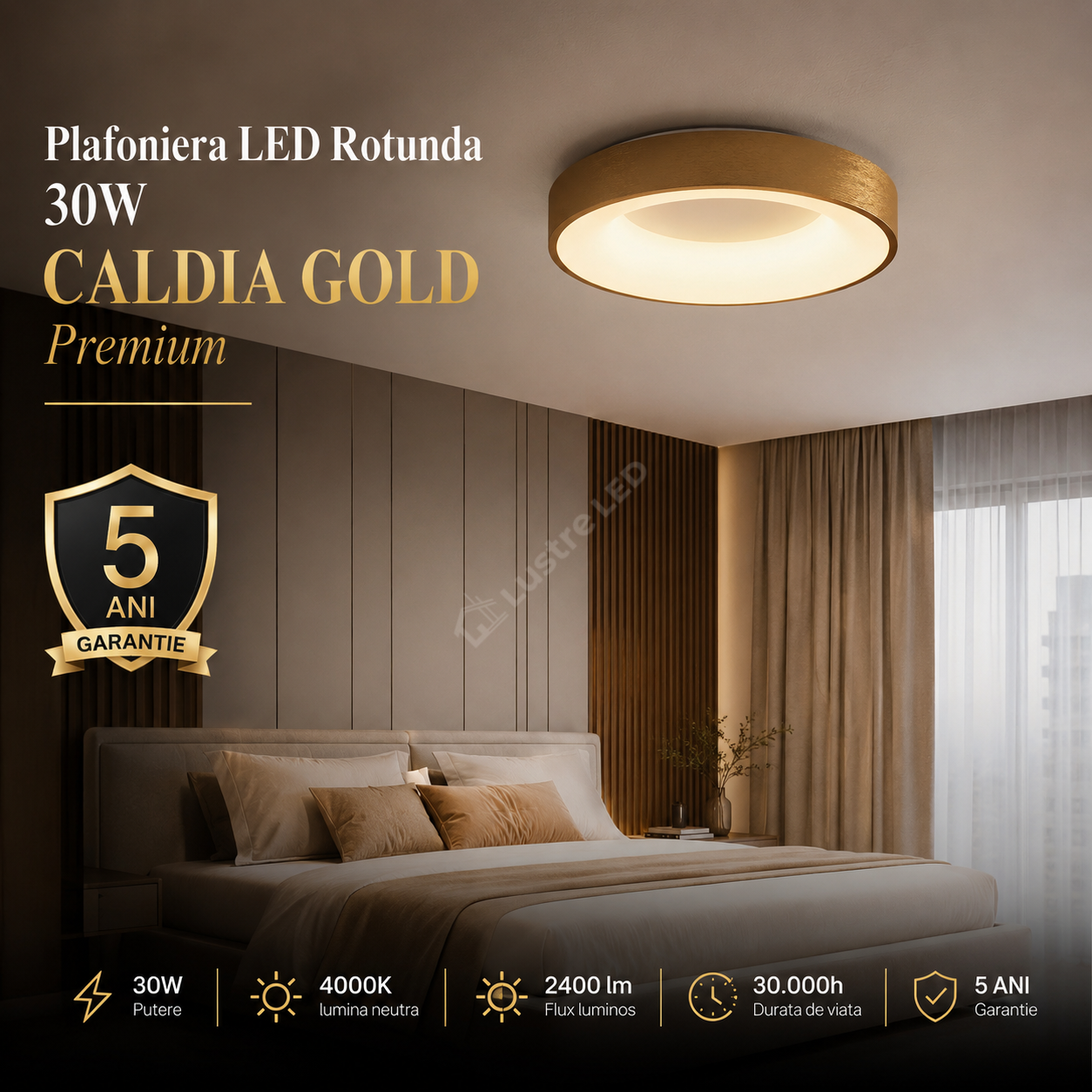 Plafoniera LED 30W Rotunda CALDIA GOLD 30CM Premium