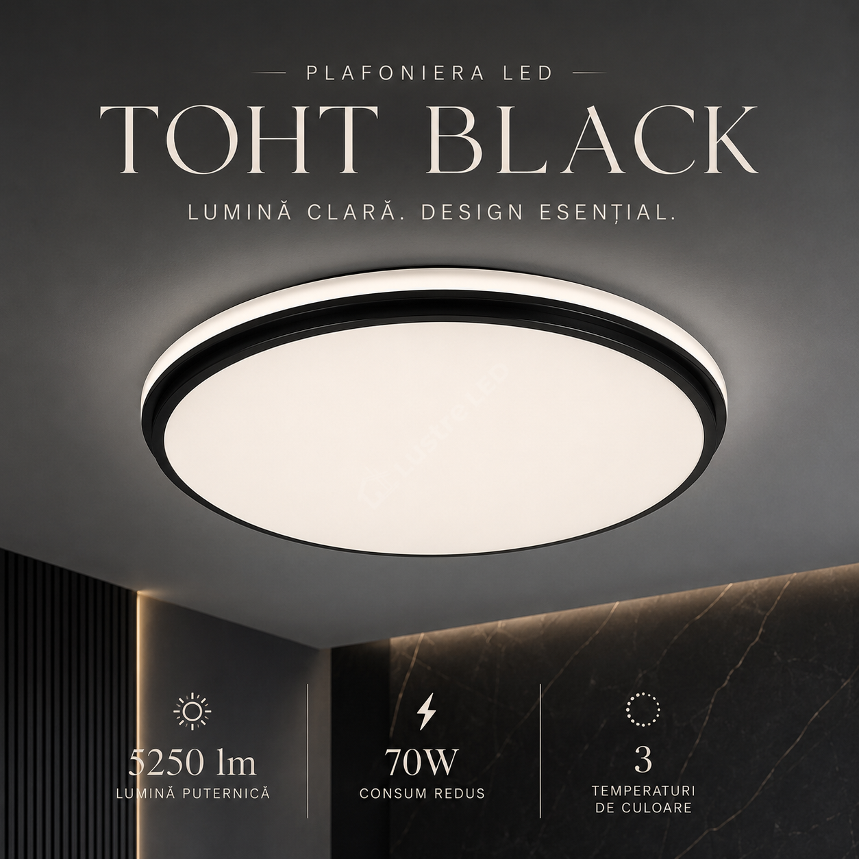 Plafoniera LED TOHT 3 Functii Black 70W 51CM Echivalent 330W