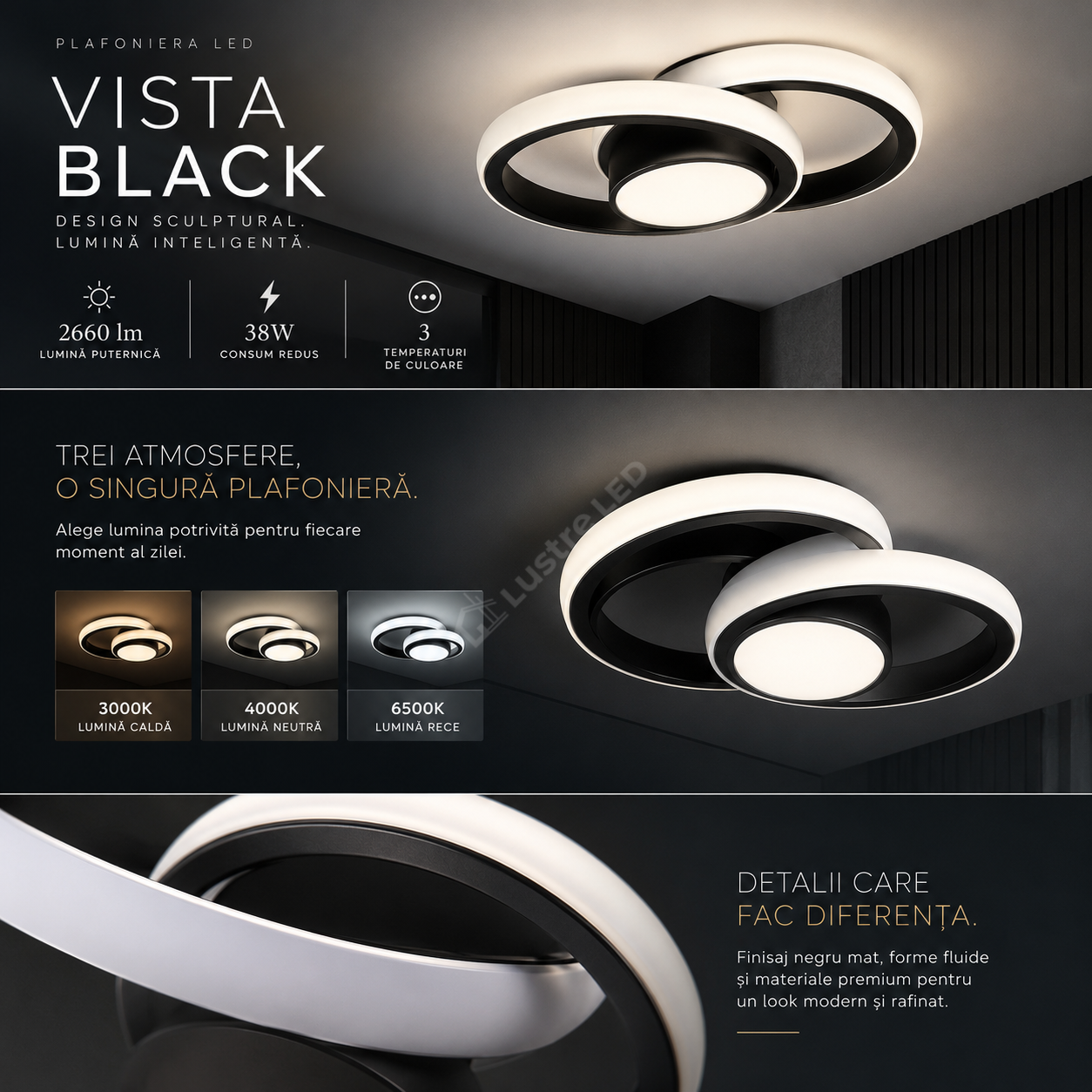 Plafoniera LED VISTA 3 Functii Black 38W 26CM Echivalent 165W