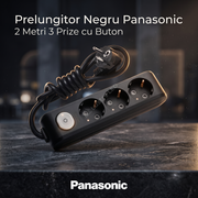 Prelungitor Negru Panasonic 2 Metri 3 Prize cu Buton
