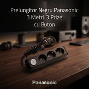 Prelungitor Negru Panasonic 3 Metri 3 Prize cu Buton
