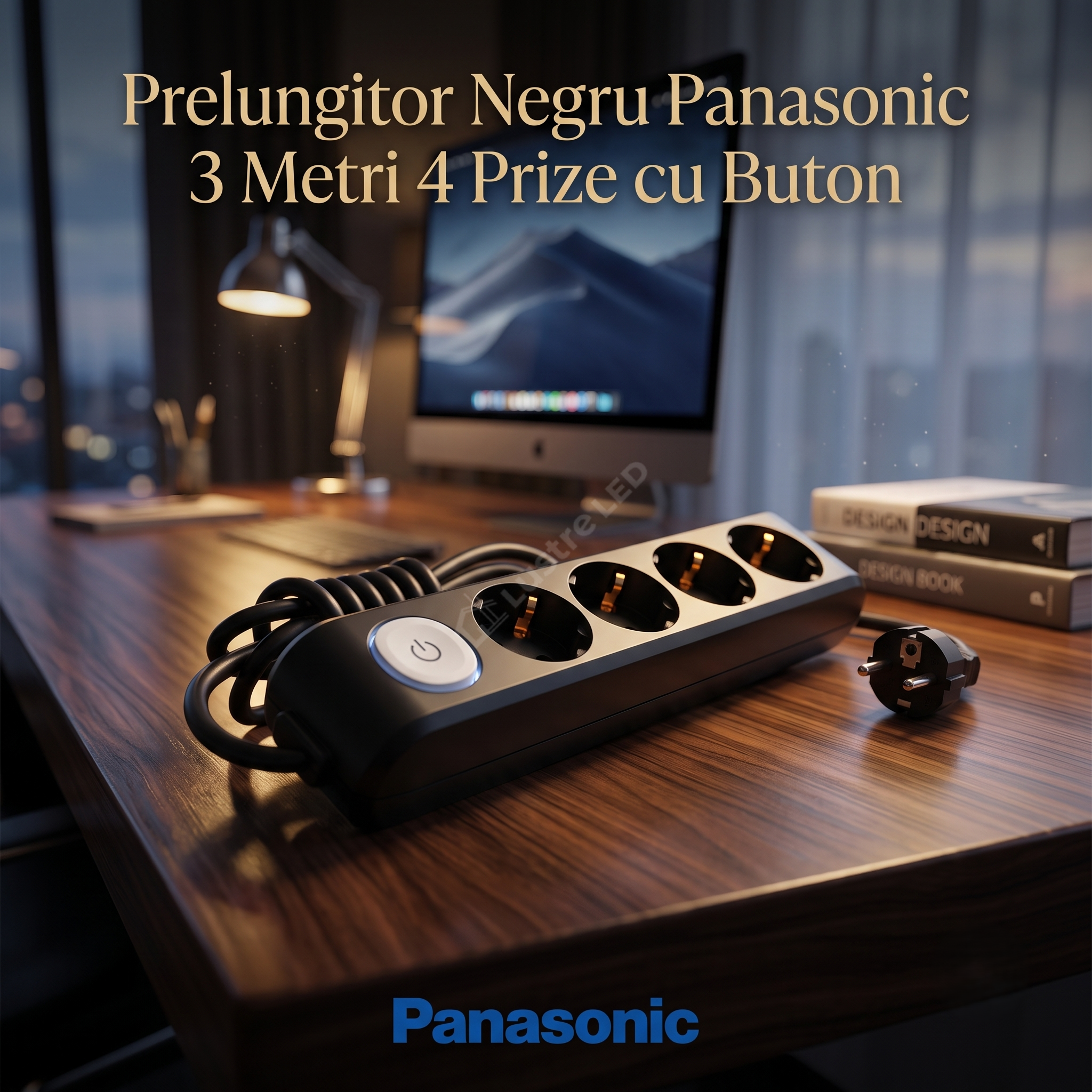 Prelungitor Negru Panasonic 3 Metri 4 Prize cu Buton
