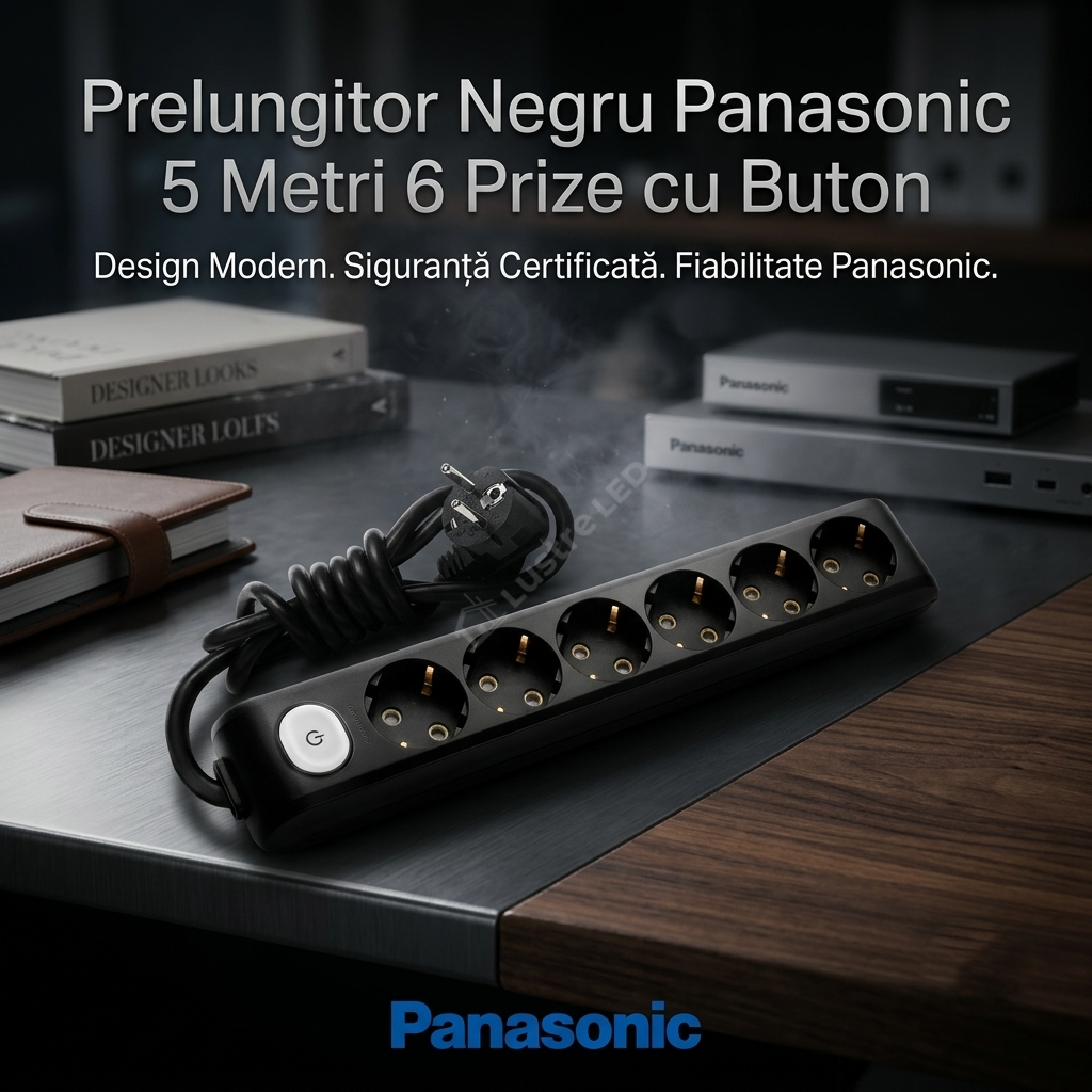 Prelungitor Negru Panasonic 5 Metri 6 Prize cu Buton