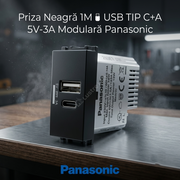 Priza Neagra 1M USB TIP C+A 5V-3A Modulara Panasonic Thea Optima