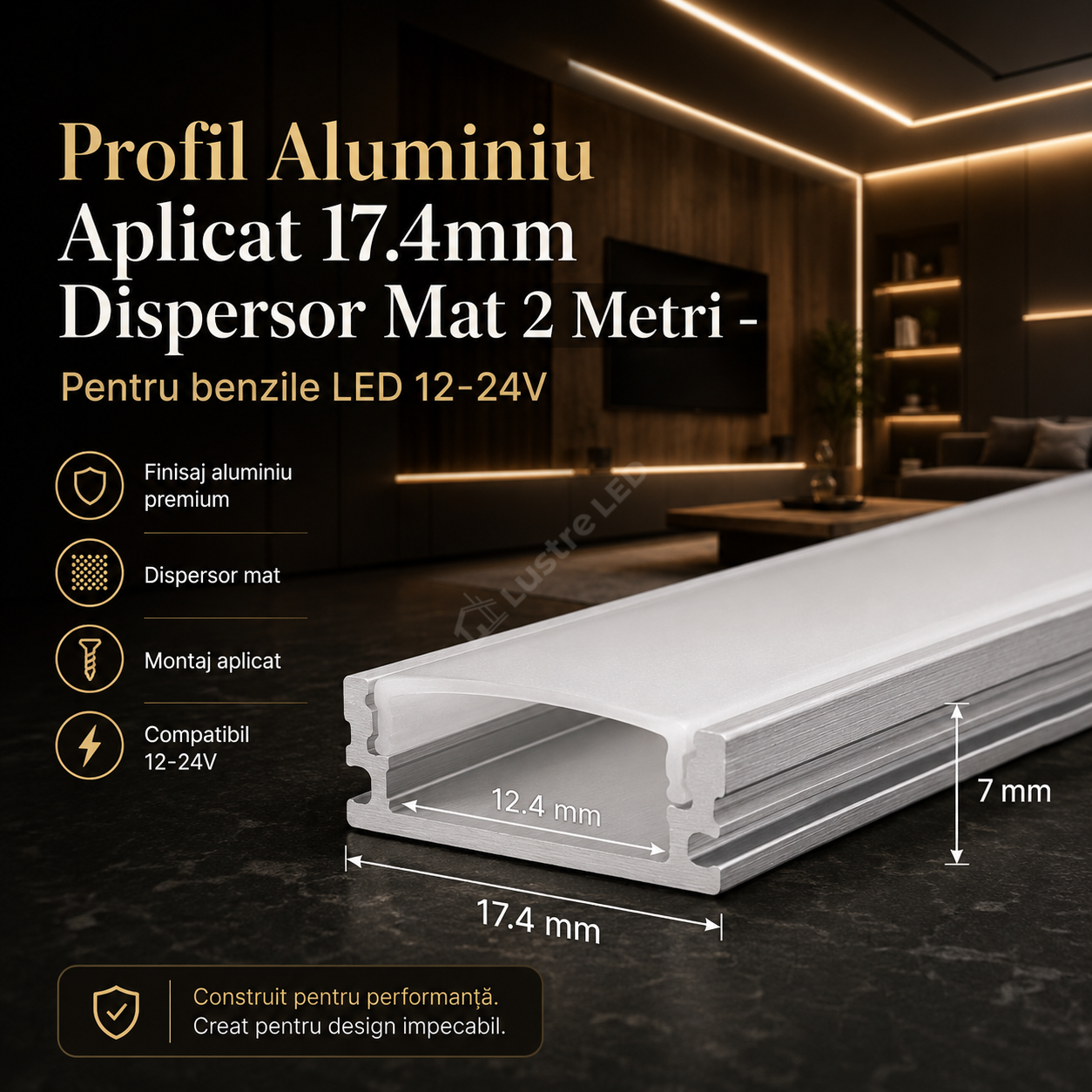 Profil Aluminiu Aplicat 17.4mm Dispersor Mat 2 Metri
