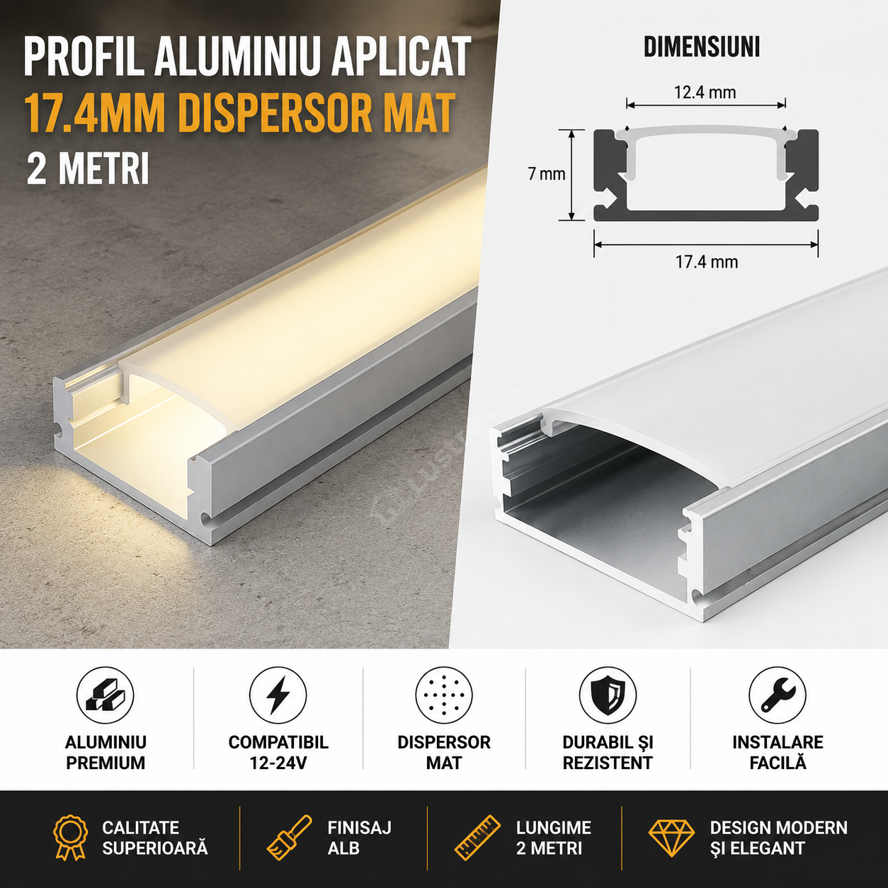 Profil Aluminiu Aplicat 17.4mm Dispersor Mat 2 Metri