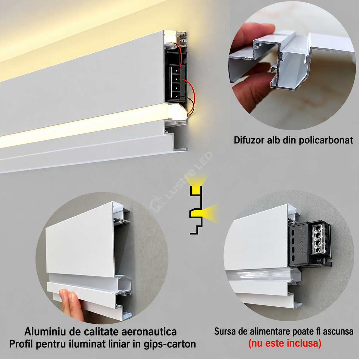 Profil Aluminiu Aplicat Alb Tip Plinta Dispersor Mat, 3 Metri