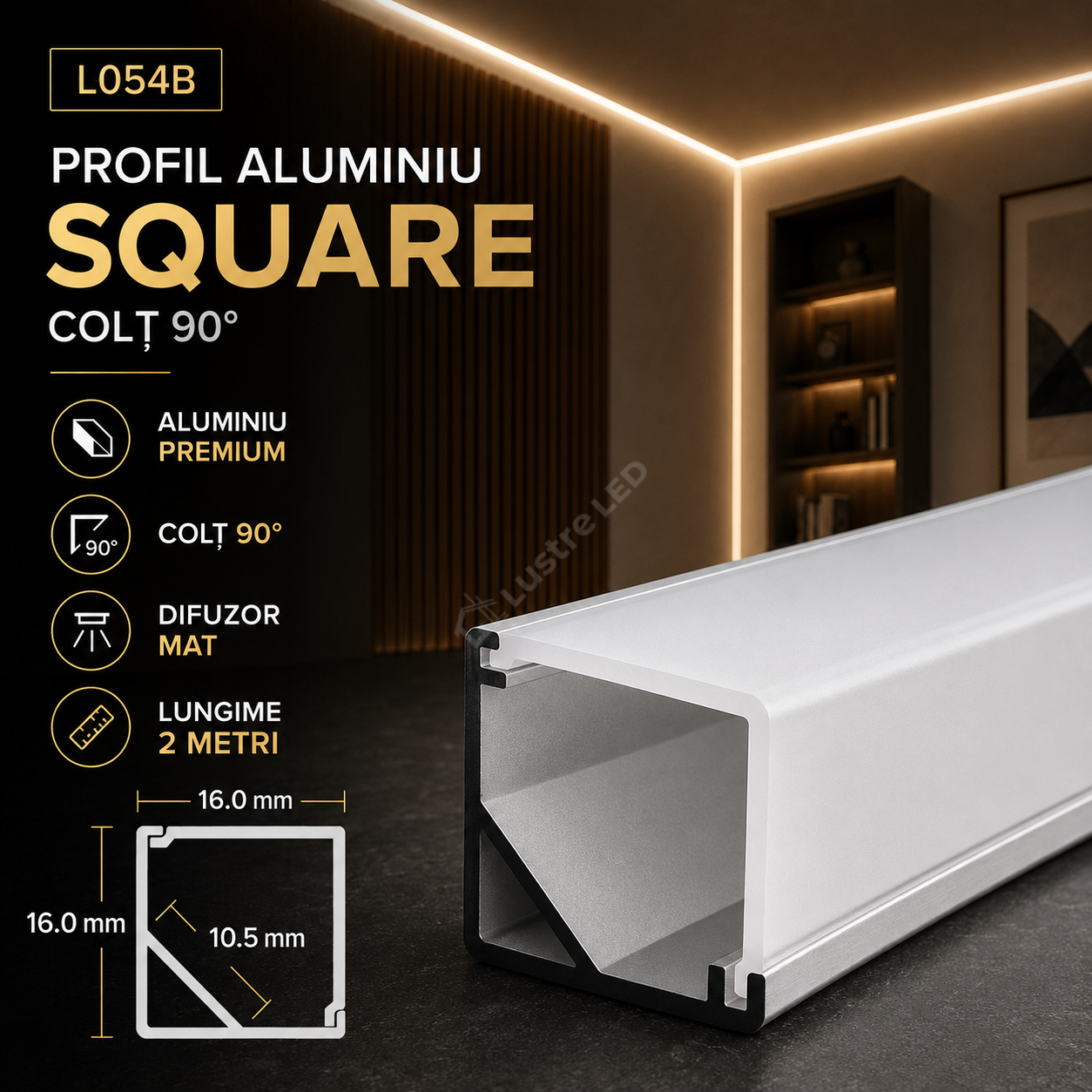 Profil Aluminiu Aplicat Square Tip L - Colt 90 Grade 2 Metri