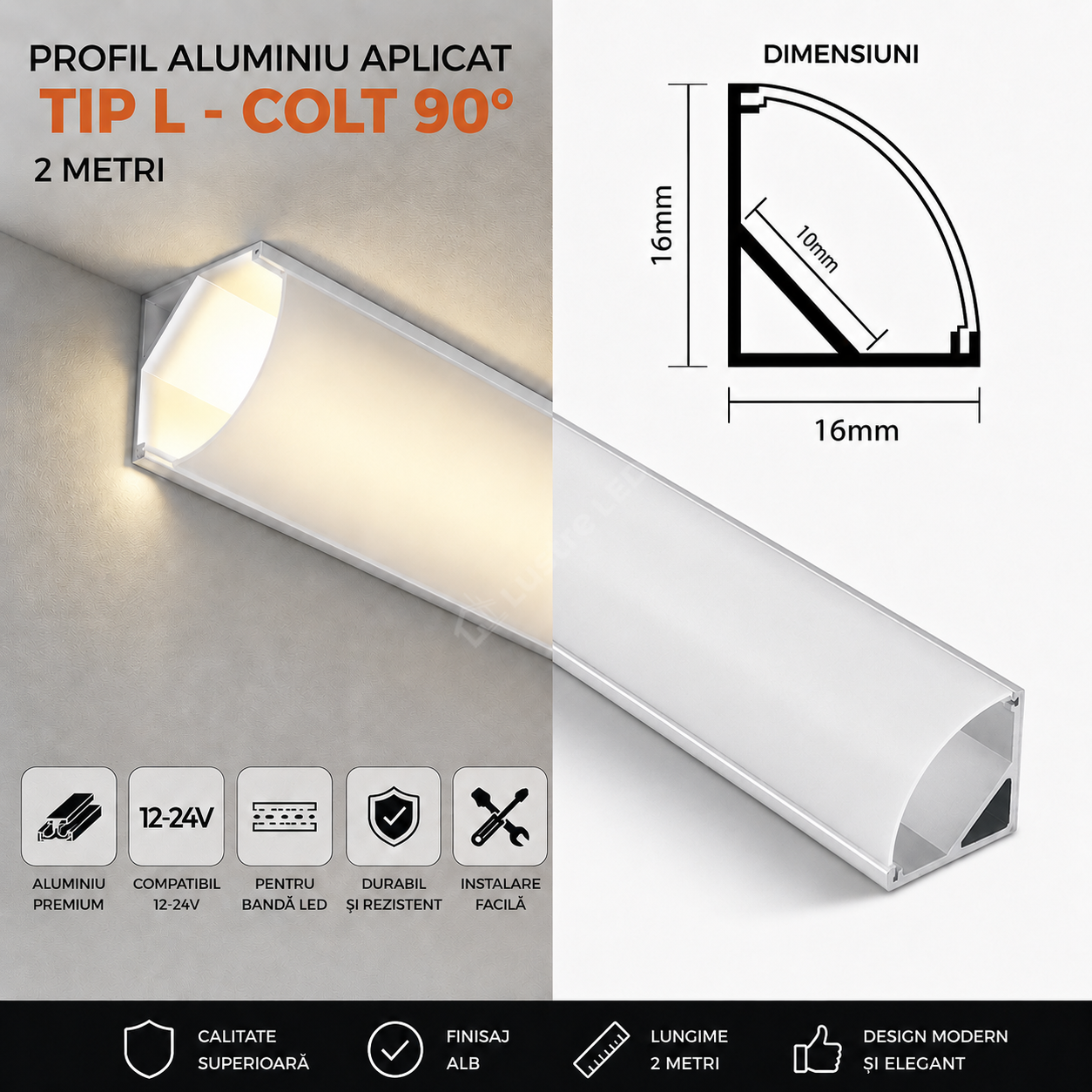 Profil Aluminiu Aplicat Tip L - Colt 90 Grade 2 Metri