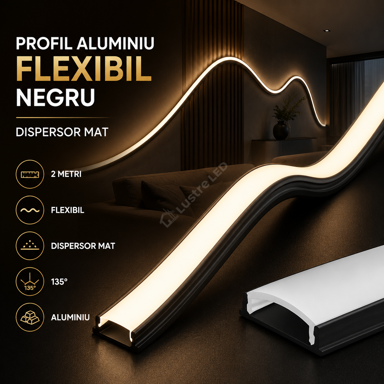 Profil Aluminiu Flexibil Negru Dispersor Mat 2 Metri
