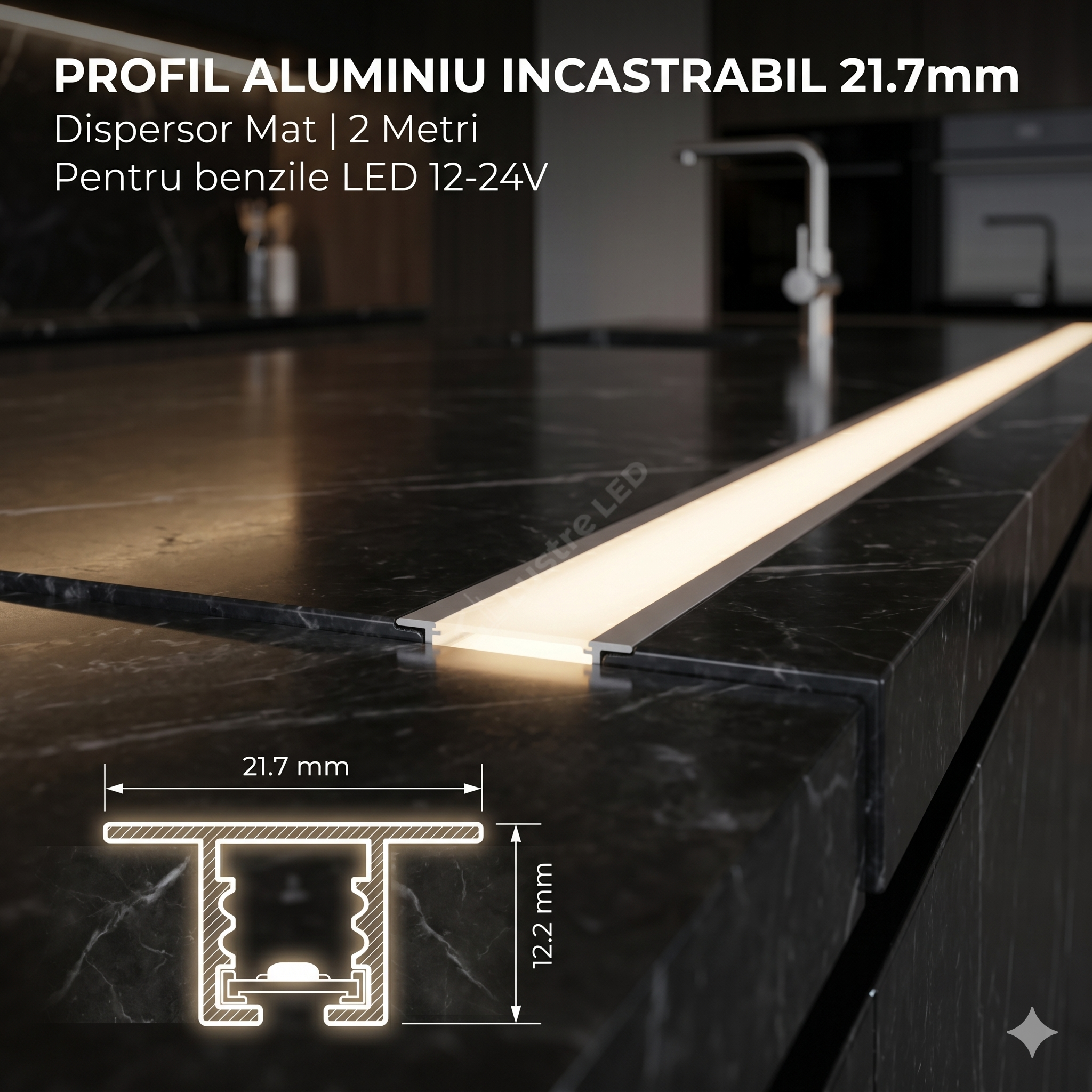 Profil Aluminiu Incastrabil 21.7mm Dispersor Mat 2 Metri