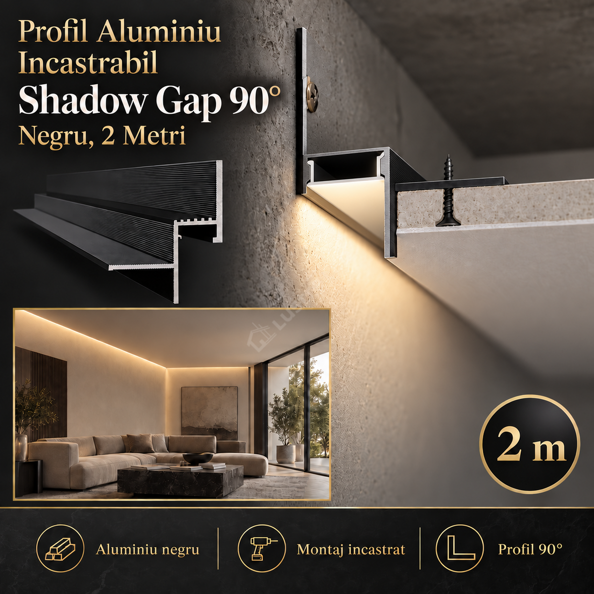 Profil Aluminiu Incastrabil Shadow Gap 90° Negru, 2 Metri