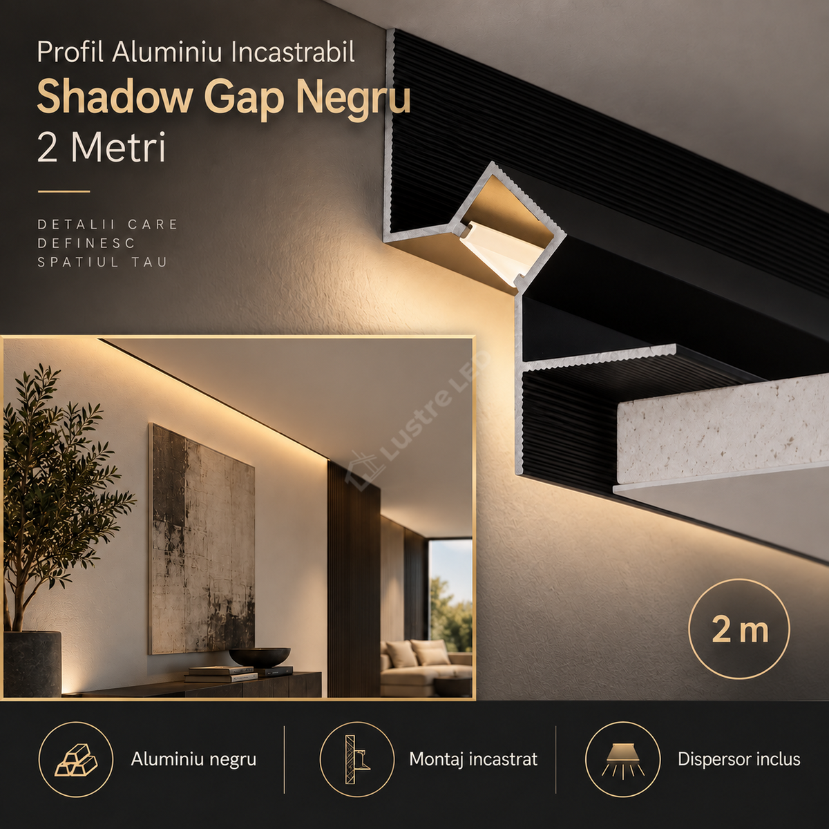 Profil Aluminiu Incastrabil Shadow Gap Negru, 2 Metri