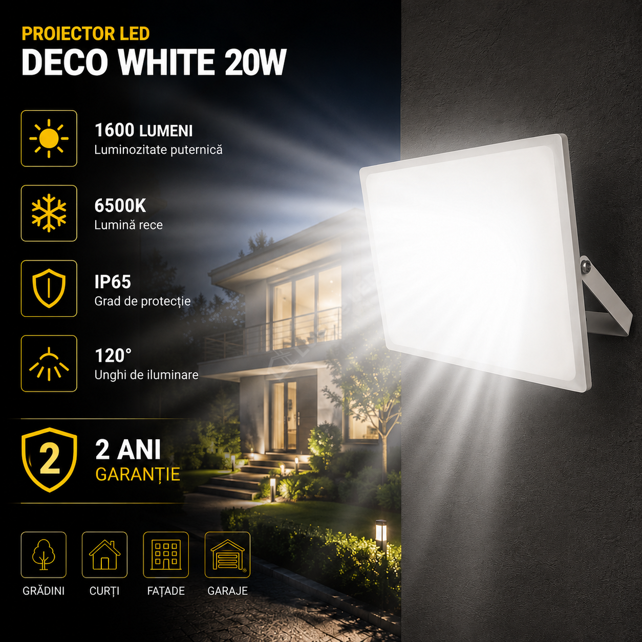 Proiector LED 20W Deco White IP65 1600lm 6500K