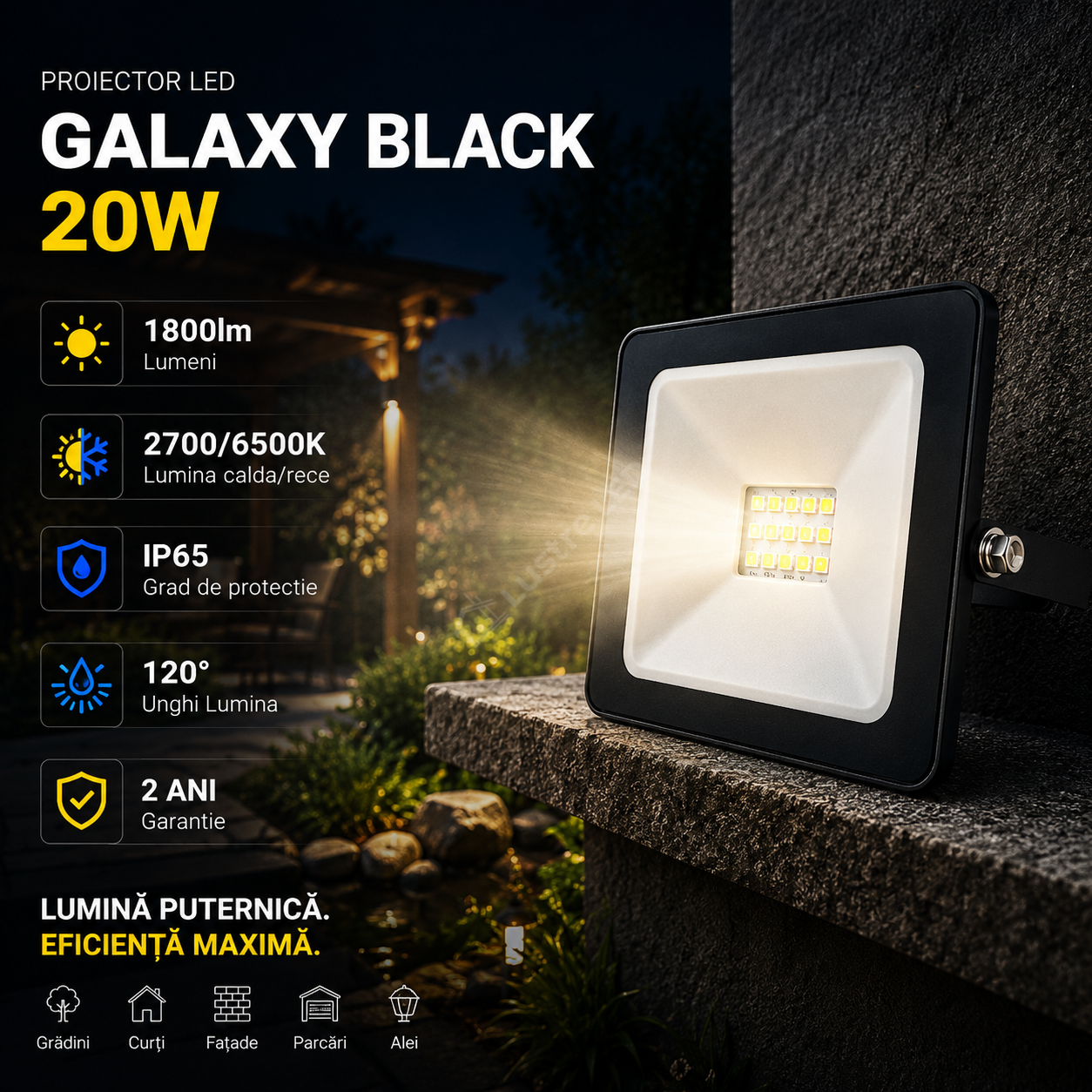 Proiector LED 20W Galaxy Black IP65 1800lm