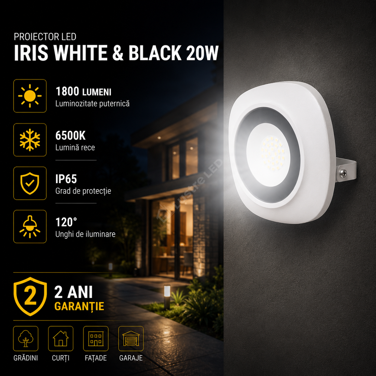 Proiector LED 20W IRIS White & Black IP65 1800lm 6500K
