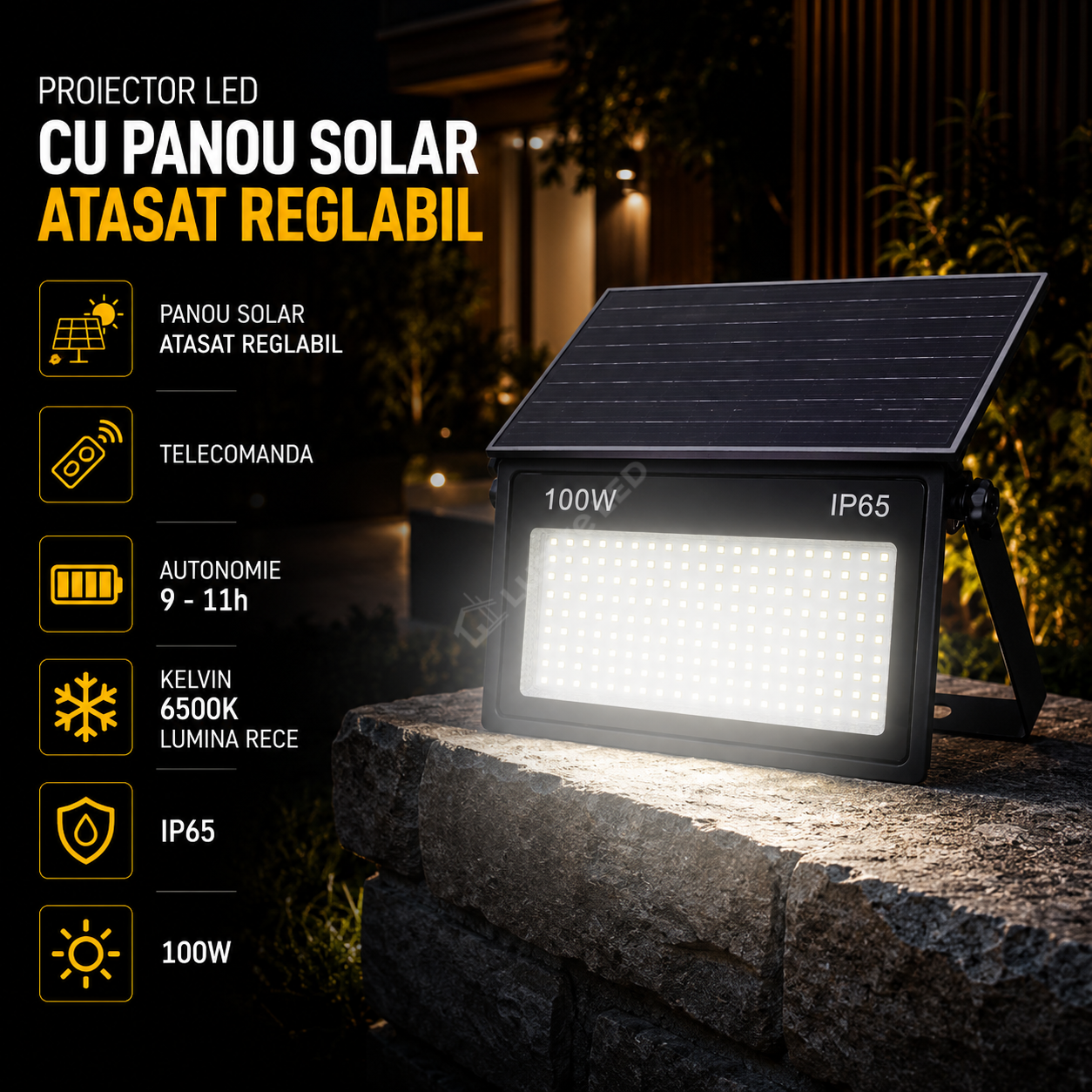 Proiector LED cu Panou Solar Atasat Reglabil 1300lm, IP65, 6500K Telecomanda