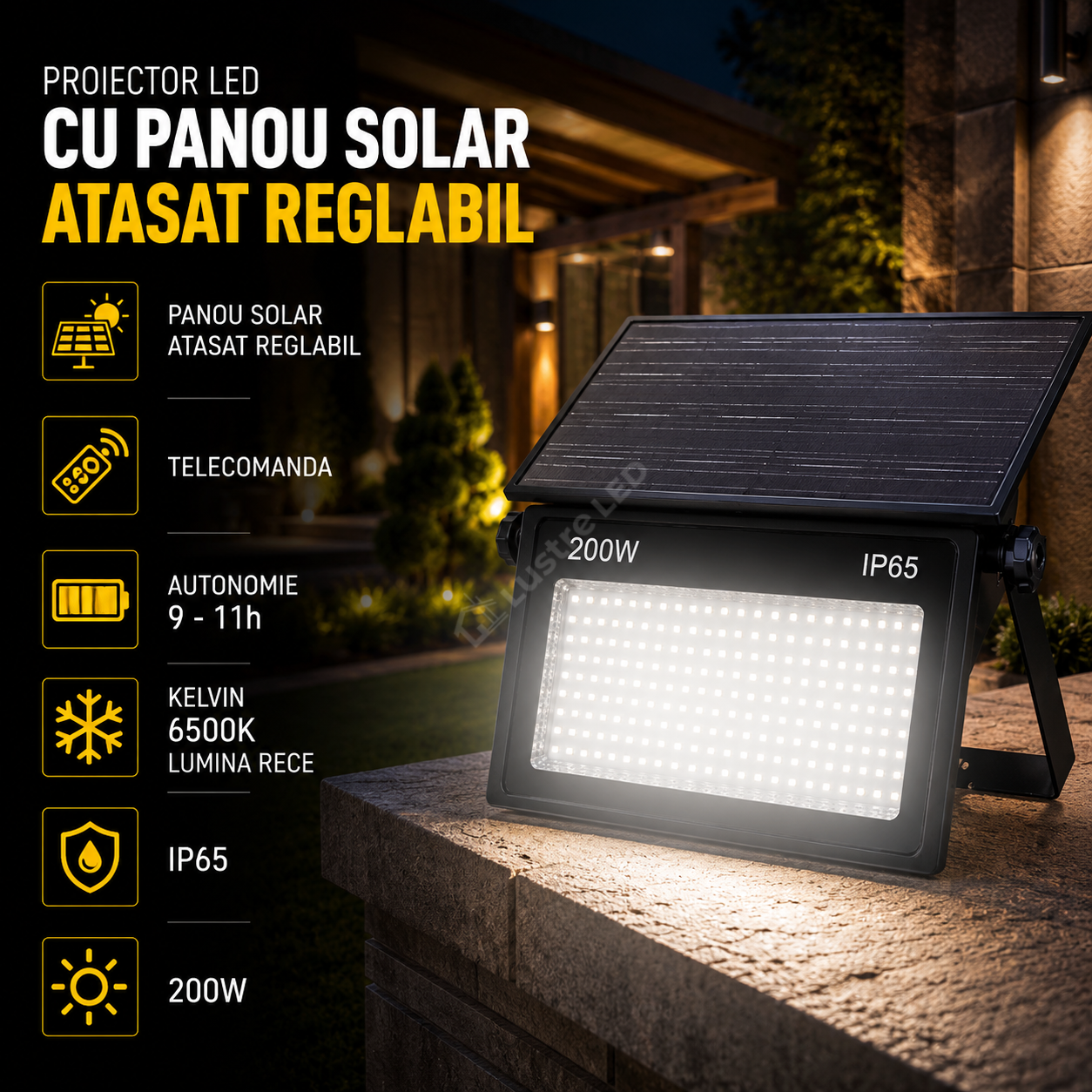 Proiector LED cu Panou Solar Atasat Reglabil 1900lm, IP65, 6500K Telecomanda