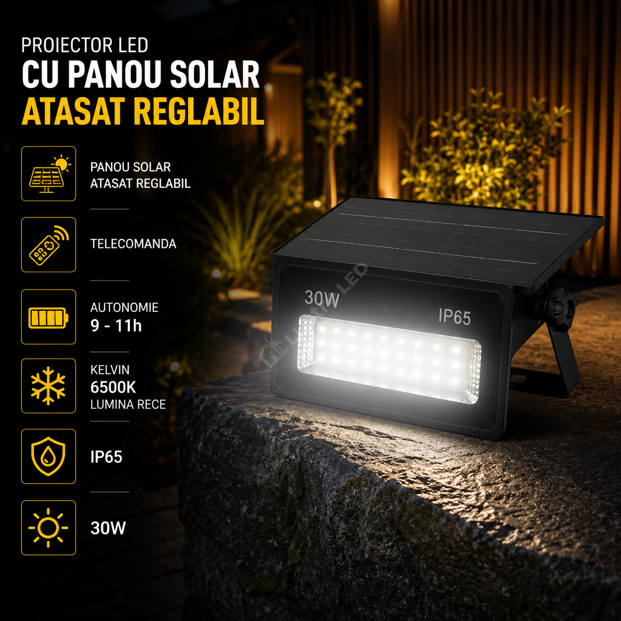 Proiector LED cu Panou Solar Atasat Reglabil 400lm, IP65, 6500K Telecomanda