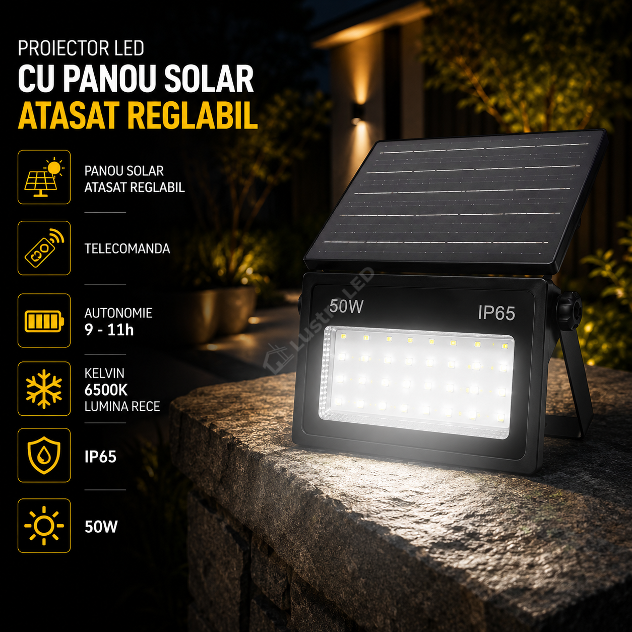 Proiector LED cu Panou Solar Atasat Reglabil 700lm, IP65, 6500K Telecomanda