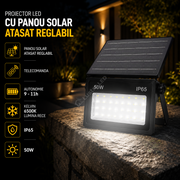 Proiector LED cu Panou Solar Atasat Reglabil 700lm, IP65, 6500K Telecomanda