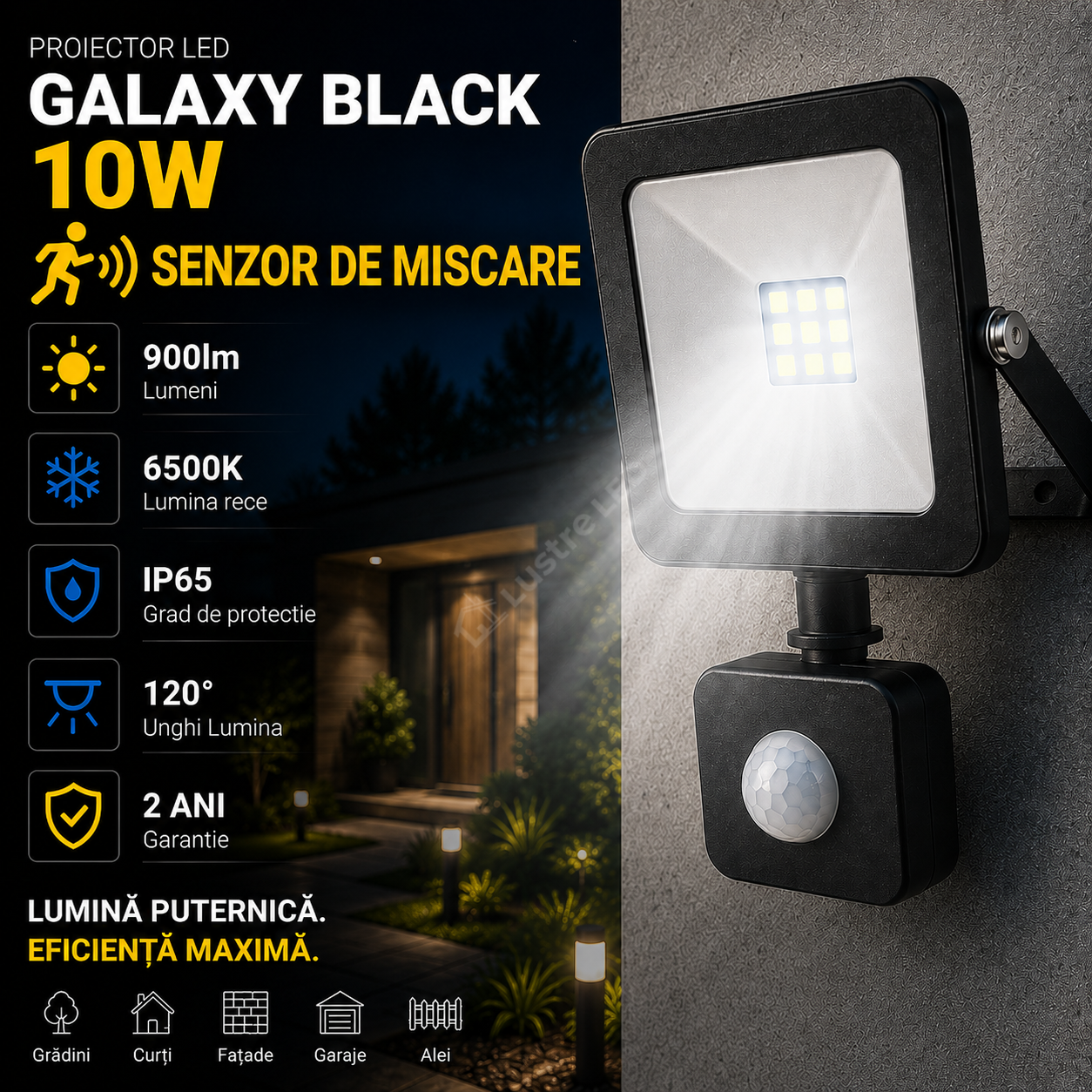 Proiector LED cu Senzor 10W Galaxy Black IP65 900lm