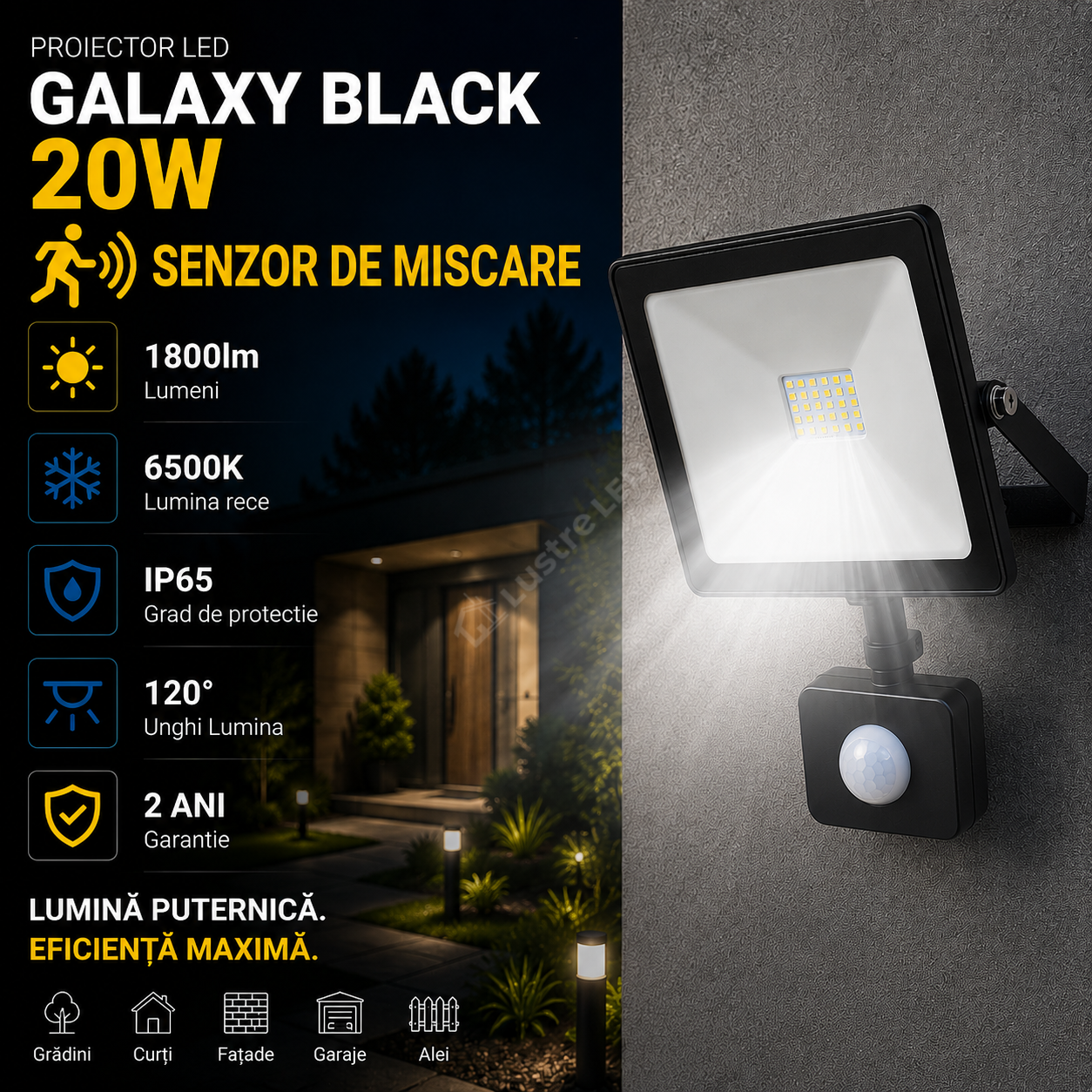 Proiector LED cu Senzor 20W Galaxy Black IP65 1800lm