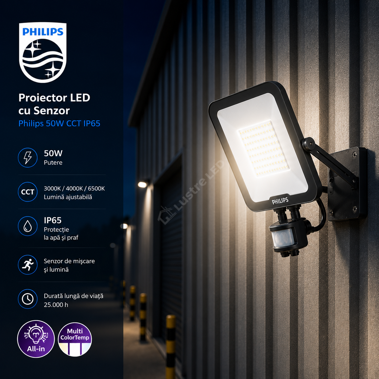 Proiector LED cu Senzor Philips 50W CCT IP65