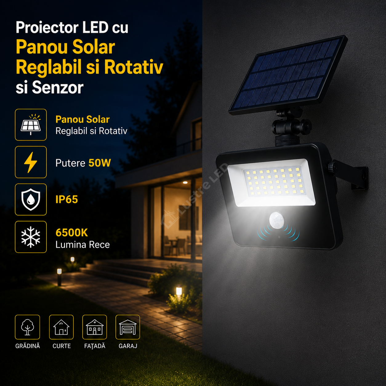 Proiector LED cu Senzor si Panou Solar Atasat Reglabil si Rotativ IP65, 6500K
