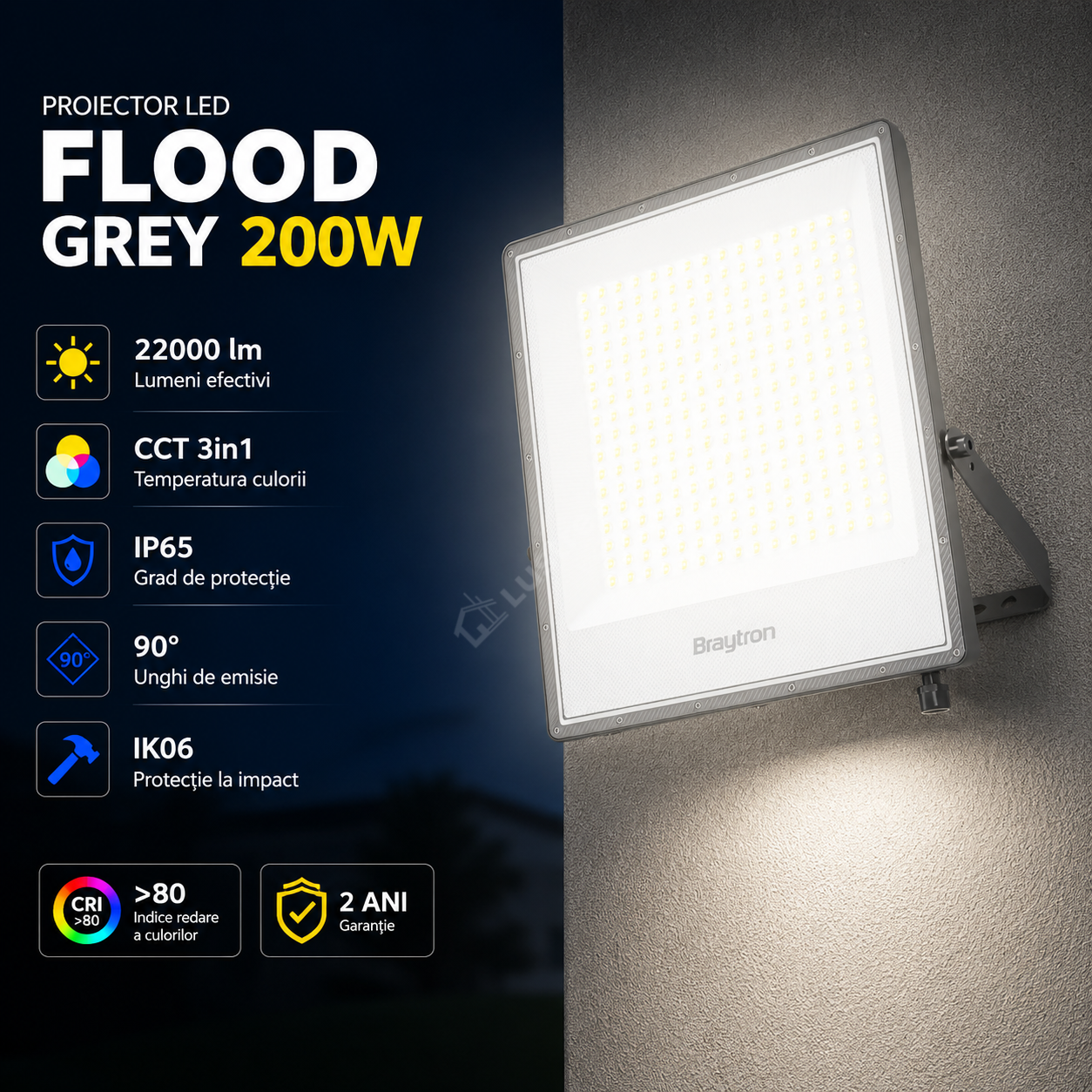 Proiector LED FLOOD Grey 200W IP65 22000lm CCT