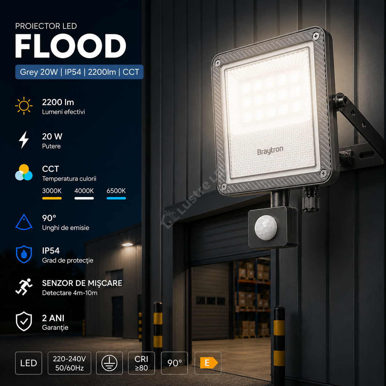 Proiector LED FLOOD Grey 20W IP54 2200lm cu Senzor CCT