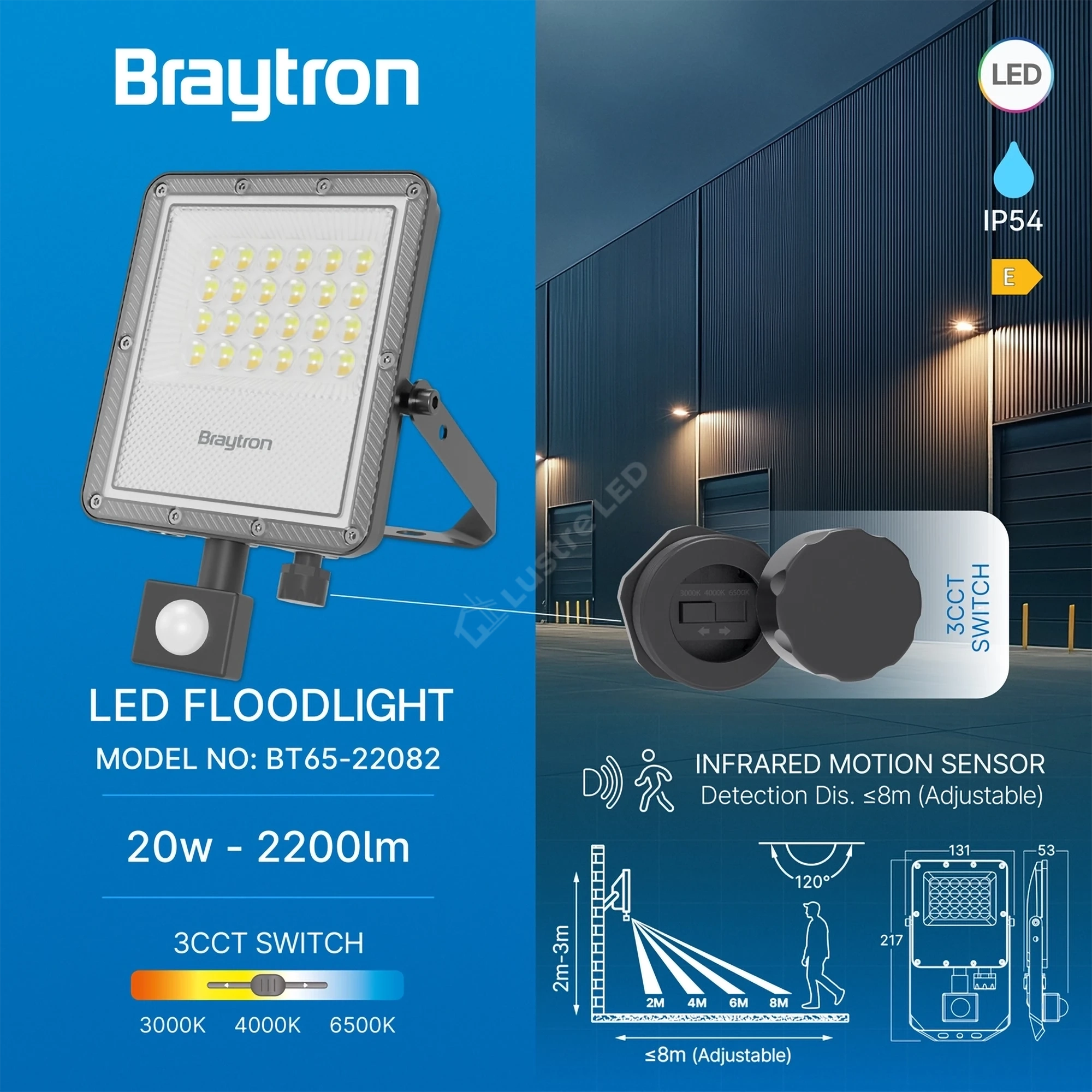 Proiector LED FLOOD Grey 20W IP54 2200lm cu Senzor CCT