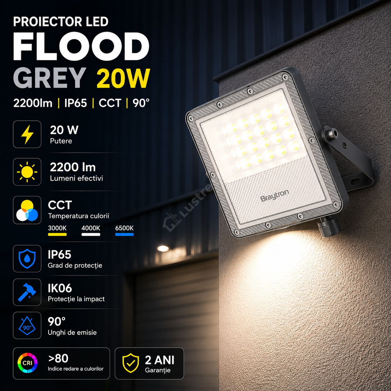 Proiector LED FLOOD Grey 20W IP65 2200lm CCT