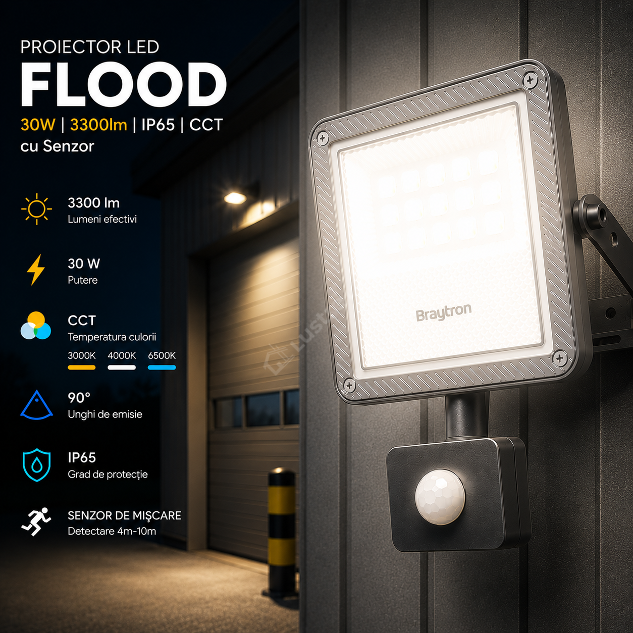 Proiector LED FLOOD Grey 30W IP54 3300lm cu Senzor CCT