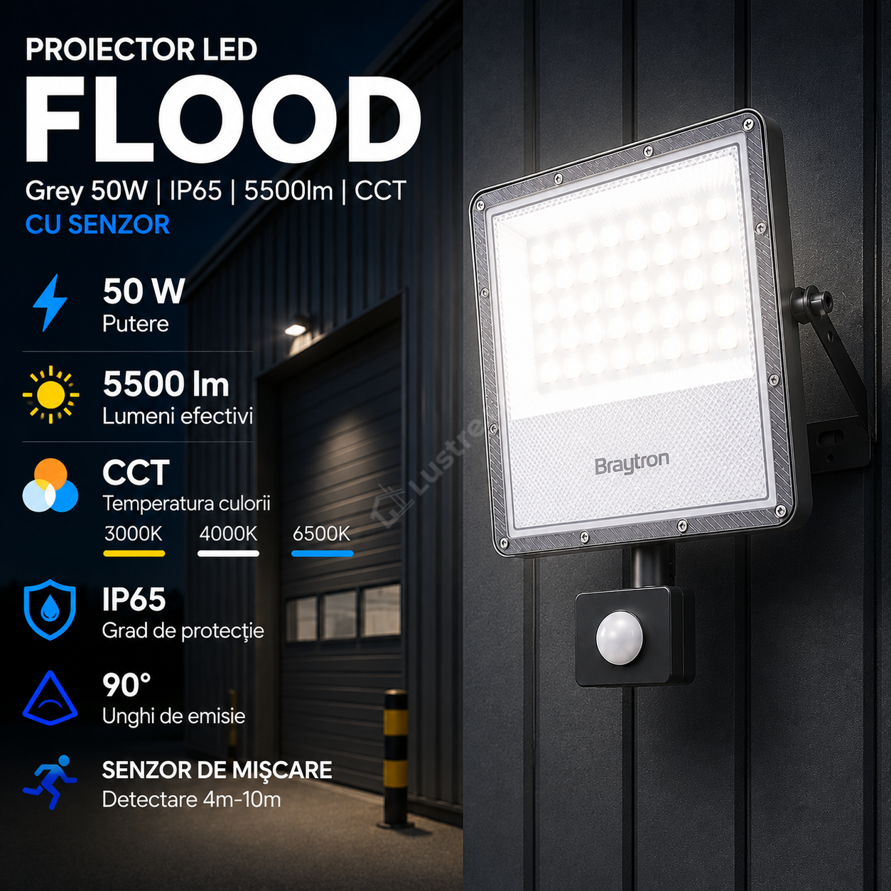 Proiector LED FLOOD Grey 50W IP54 5500lm cu Senzor CCT