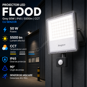 Proiector LED FLOOD Grey 50W IP54 5500lm cu Senzor CCT