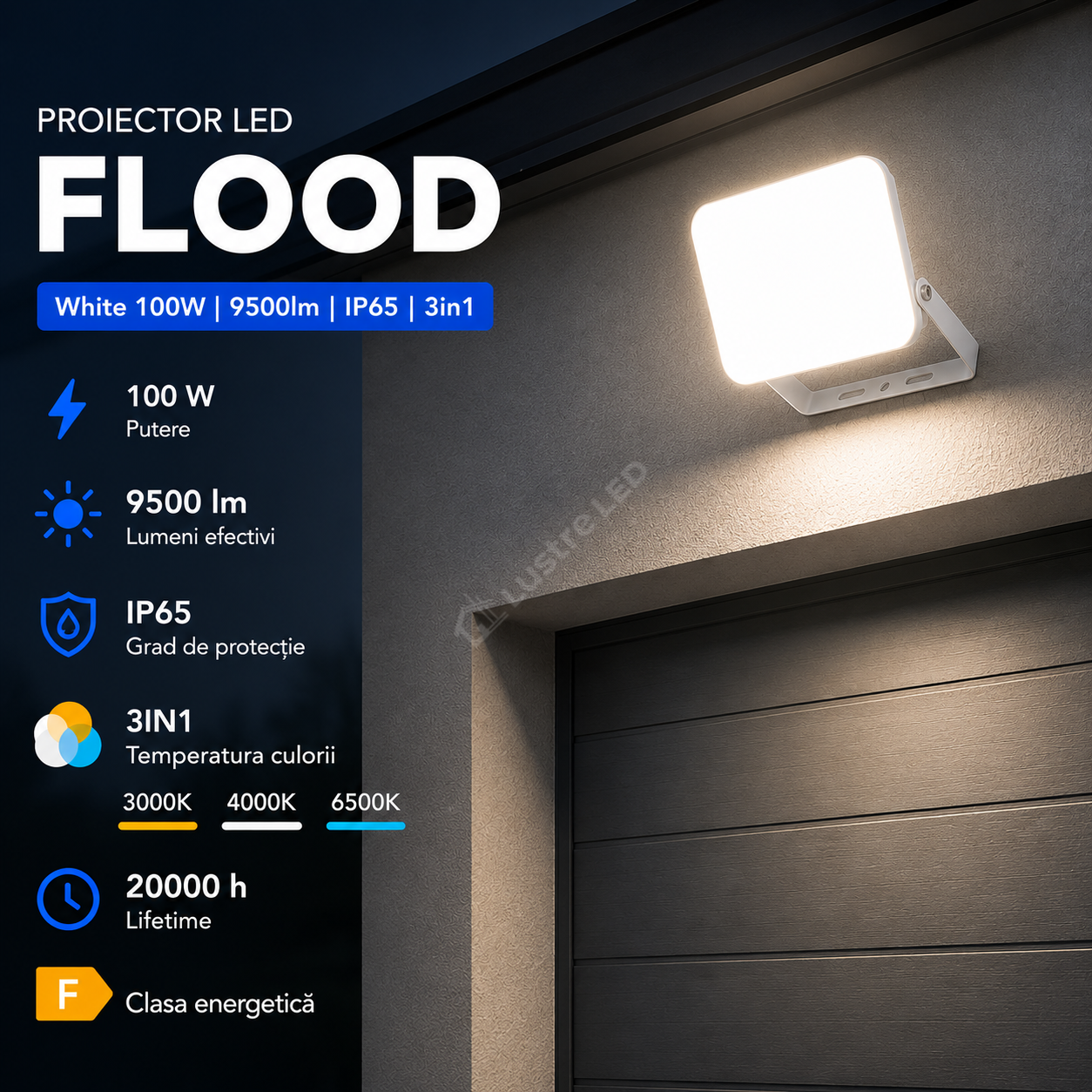 Proiector LED FLOOD White 100W 9500lm IP65 3in1